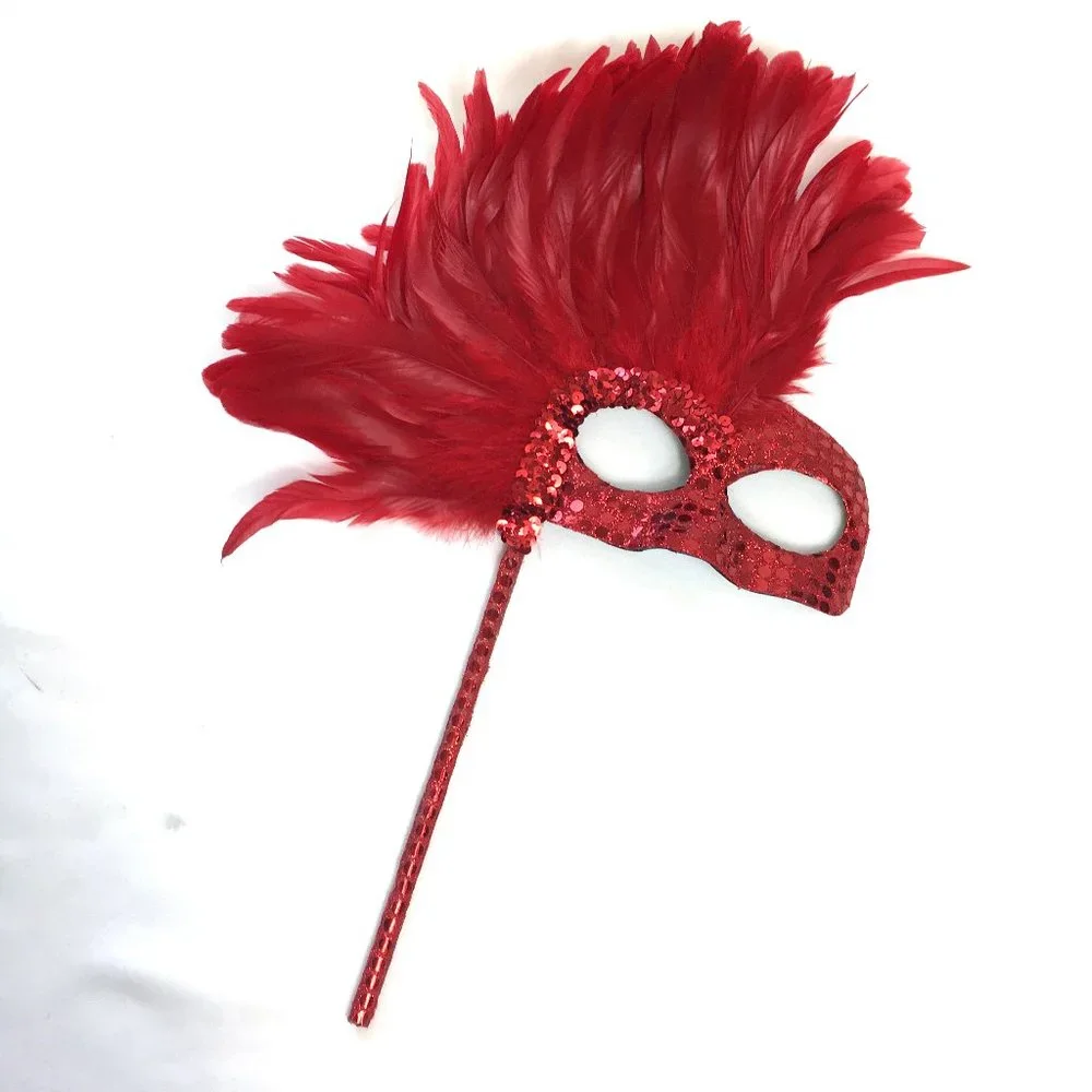 VENETIAN Red Sequin Mask w Red Feathers w/ Handle NWOT NOS